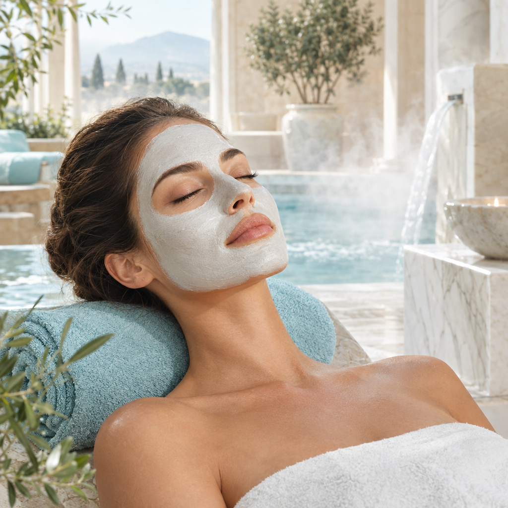 Donna con maschera viso in un ambiente termale