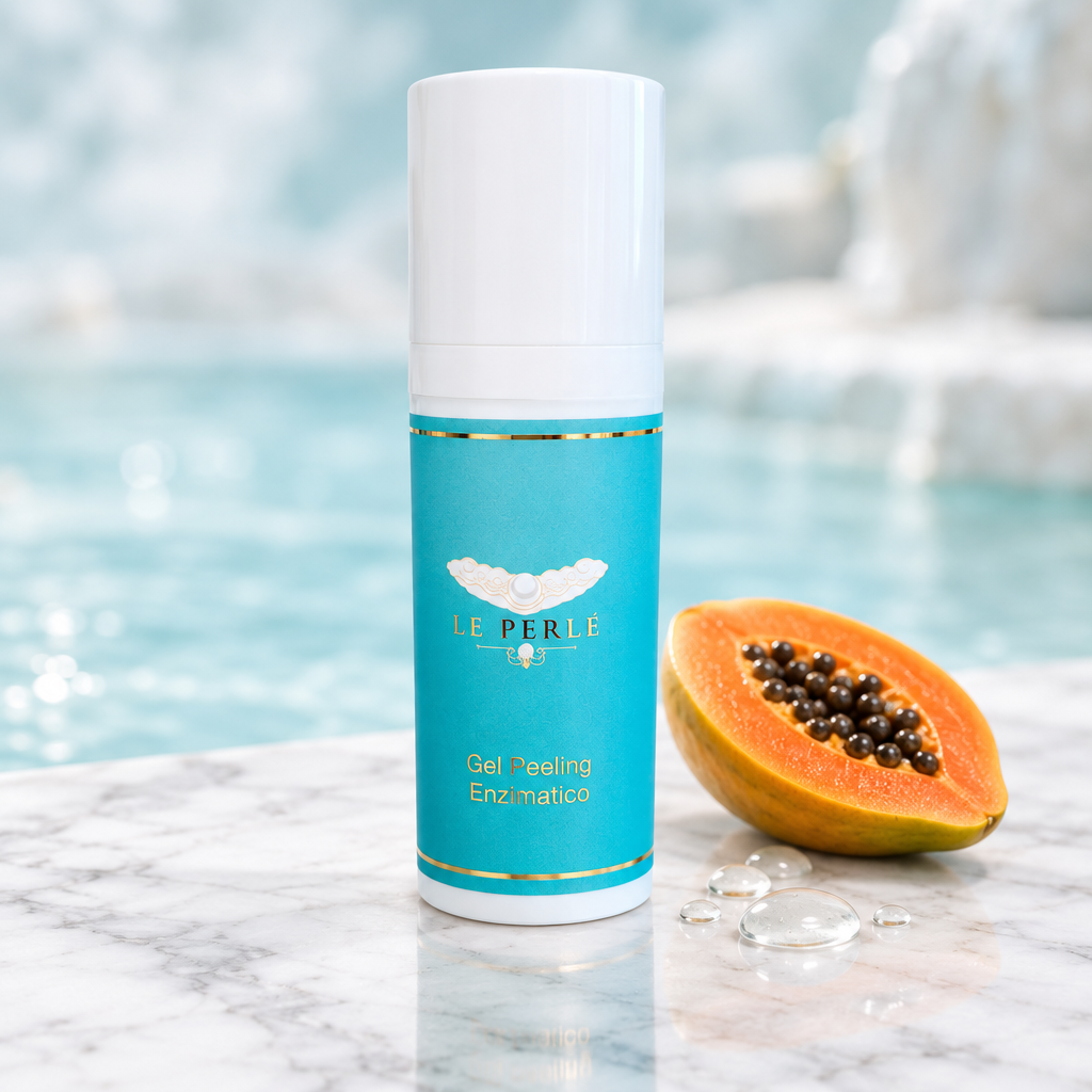 Gel Peeling Enzimatico Le Perle su marmo bianco con papaya