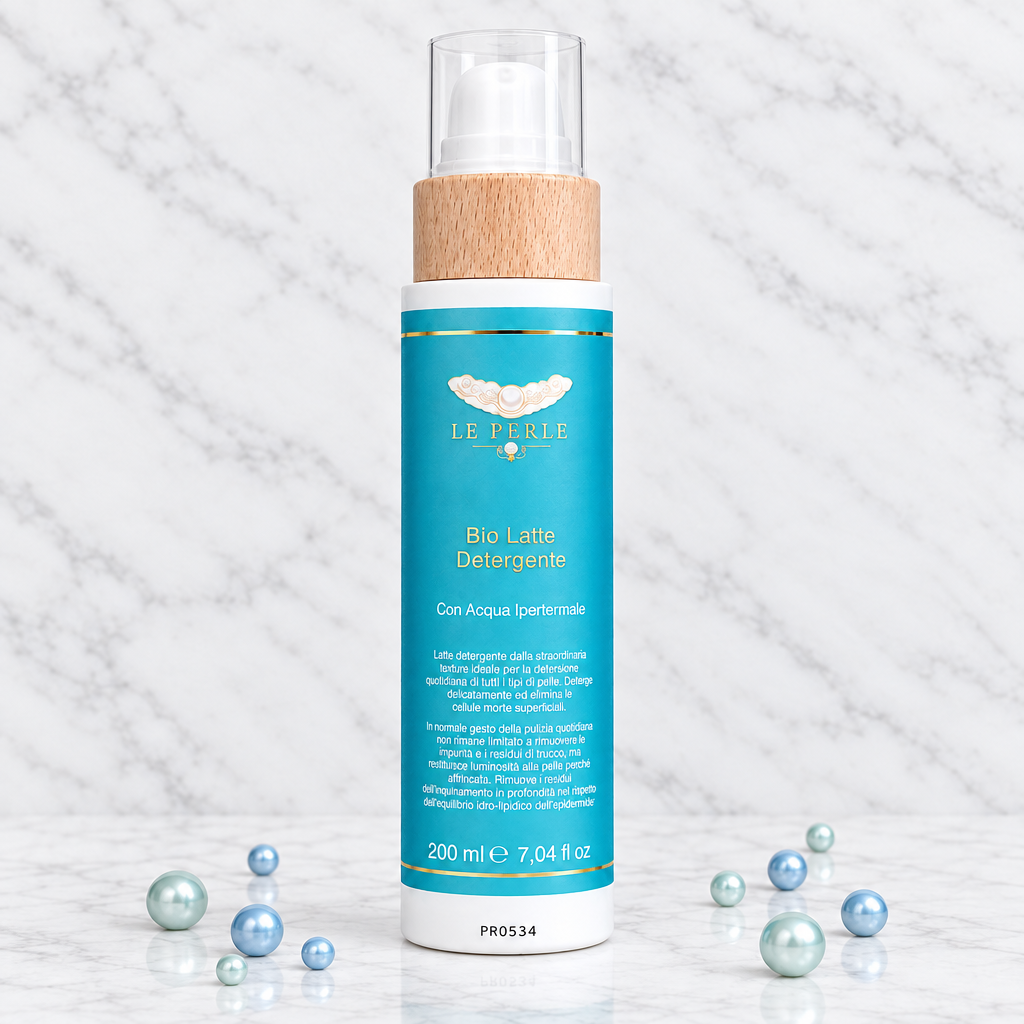 Flacone Le Perle Bio Latte Detergente azzurro, in formato quadrato su marmo bianco con perle azzurre attorno alla base