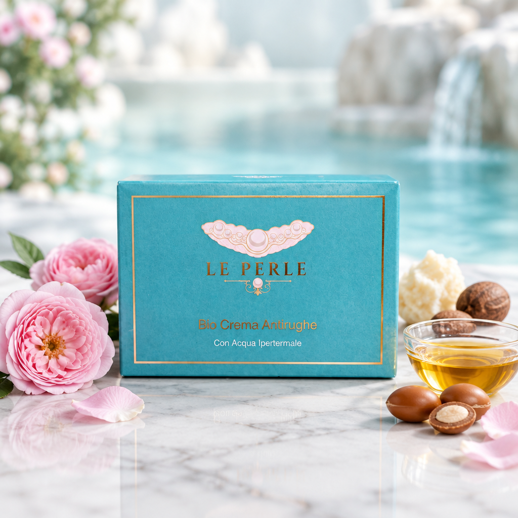 Confezione Bio Crema Antirughe Le Perle su marmo bianco con rosa damascena, karité e olio d’argan