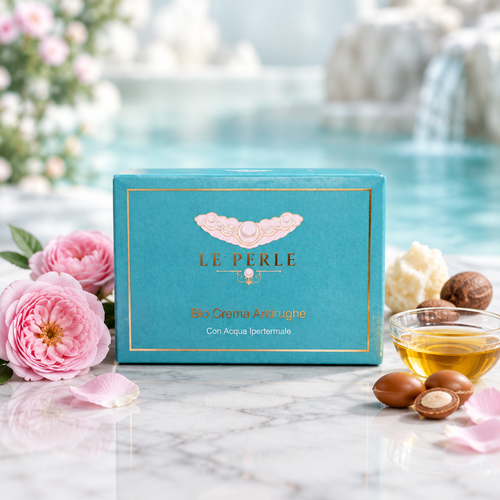 Confezione Bio Crema Antirughe Le Perle su marmo bianco con rosa damascena, karité e olio d’argan